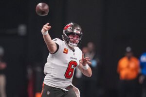 Oct 3, 2024; Atlanta, Georgia, USA; Tampa Bay Buccaneers quarterback Baker Mayfield (6) passes against the Atlanta Falcons during the first quarter at Mercedes-Benz Stadium. Mandatory Credit: Dale Zanine-Imagn Images