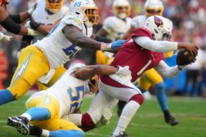 Cardinals quarterback Kyler Murray (1) is dragged down by Los Angeles Chargers defenders Khalil Mack (52) and Sebastian Joseph-Day (69) at State Farm Stadium.