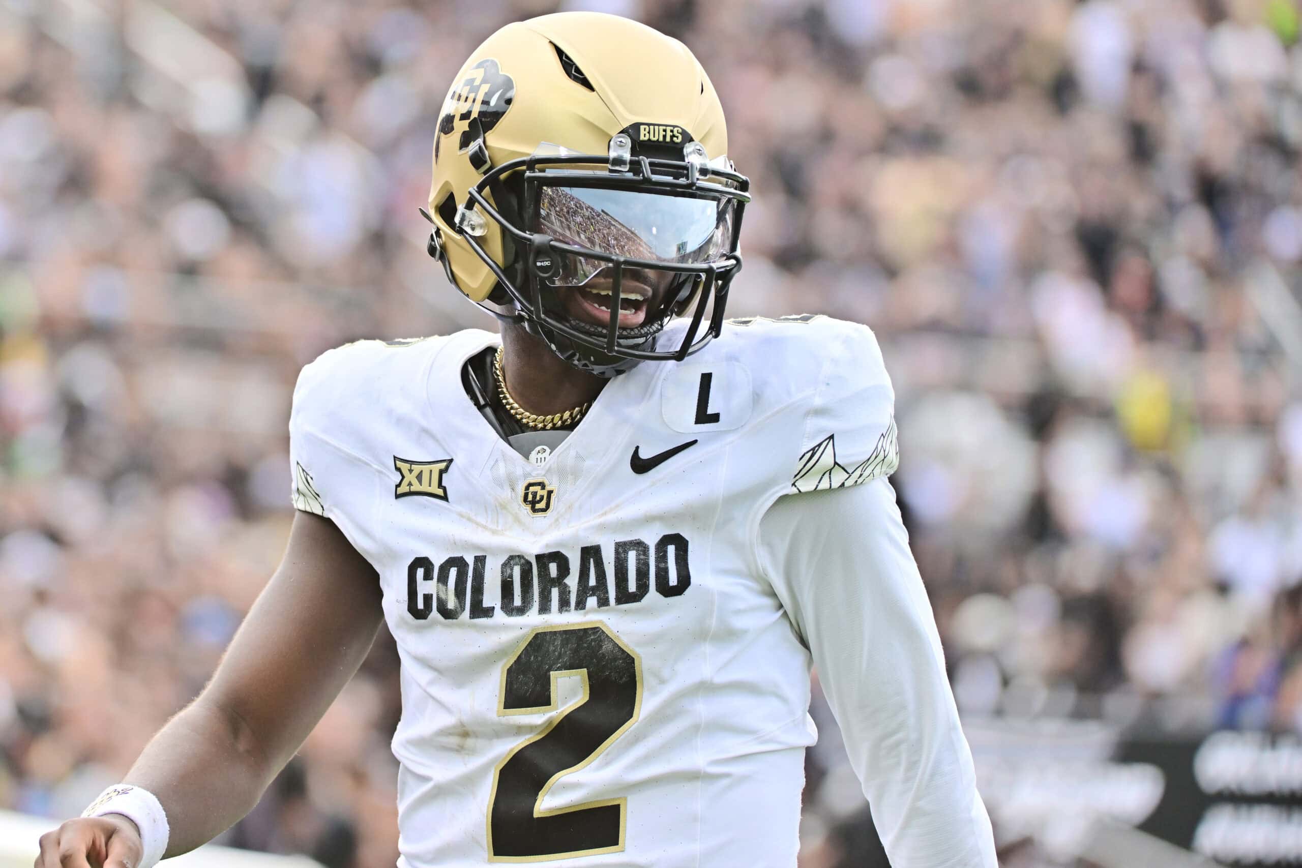ORLANDO, FLORIDA - SEPTEMBER 28: Shedeur Sanders #2 of the Colorado Buffaloes reacts after a touchdown in the first half of a game against the UCF Knights at FBC Mortgage Stadium on September 28, 2024 in Orlando, Florida.