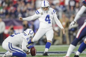 Indianapolis Colts kicker Adam Vinatieri (4) kicks a 54-yard field goal in the second quarter at Gillette Stadium in Foxborough, Mass., Thursday, Oct. 4, 2018.
