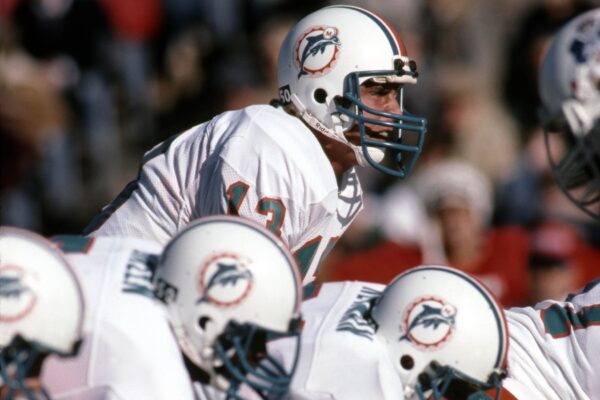 Miami Dolphins quarterback Dan Marino (13) in action against the New England Patriots at Foxboro Stadium.