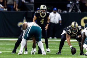 New Orleans Saints quarterback Derek Carr (4) calls for the ball during the first half against the Philadelphia Eagles at Caesars Superdome. Will he show out on Monday Night Football?