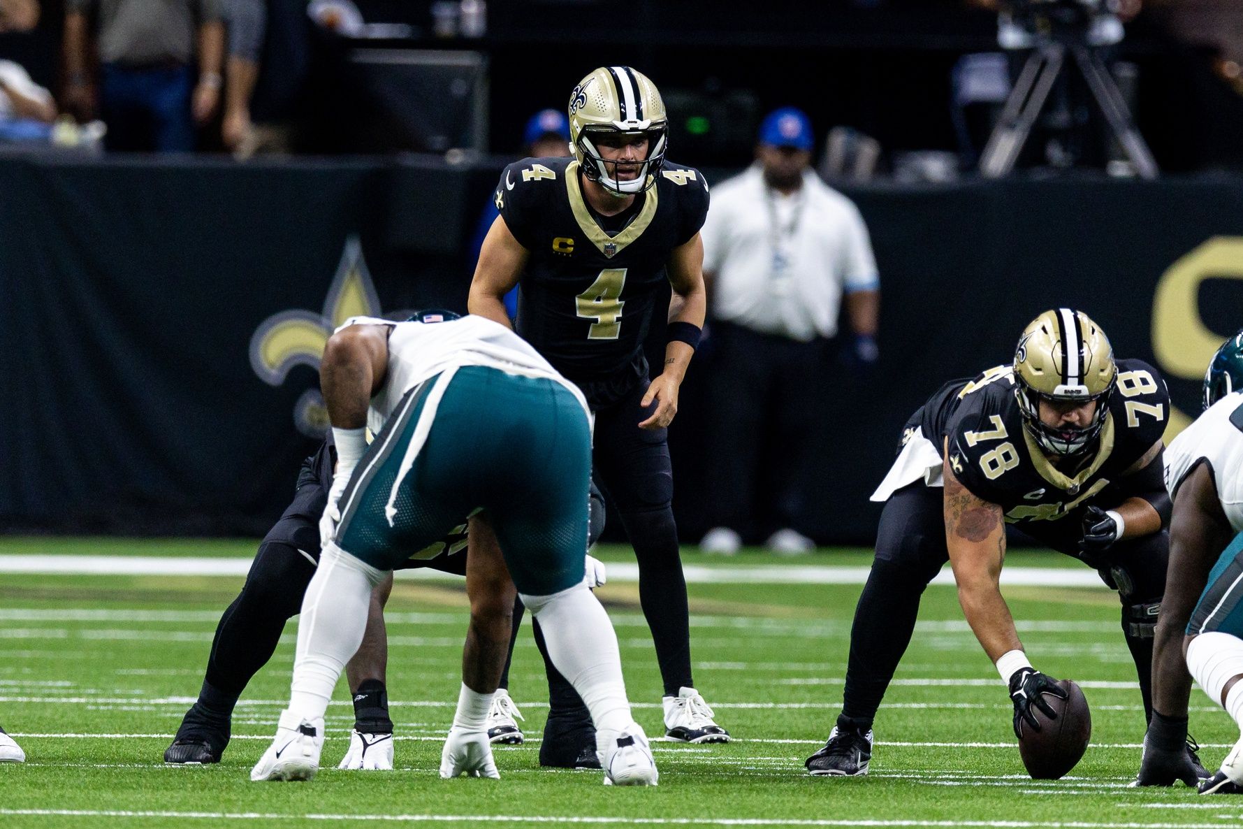 New Orleans Saints quarterback Derek Carr (4) calls for the ball during the first half against the Philadelphia Eagles at Caesars Superdome. Will he show out on Monday Night Football?
