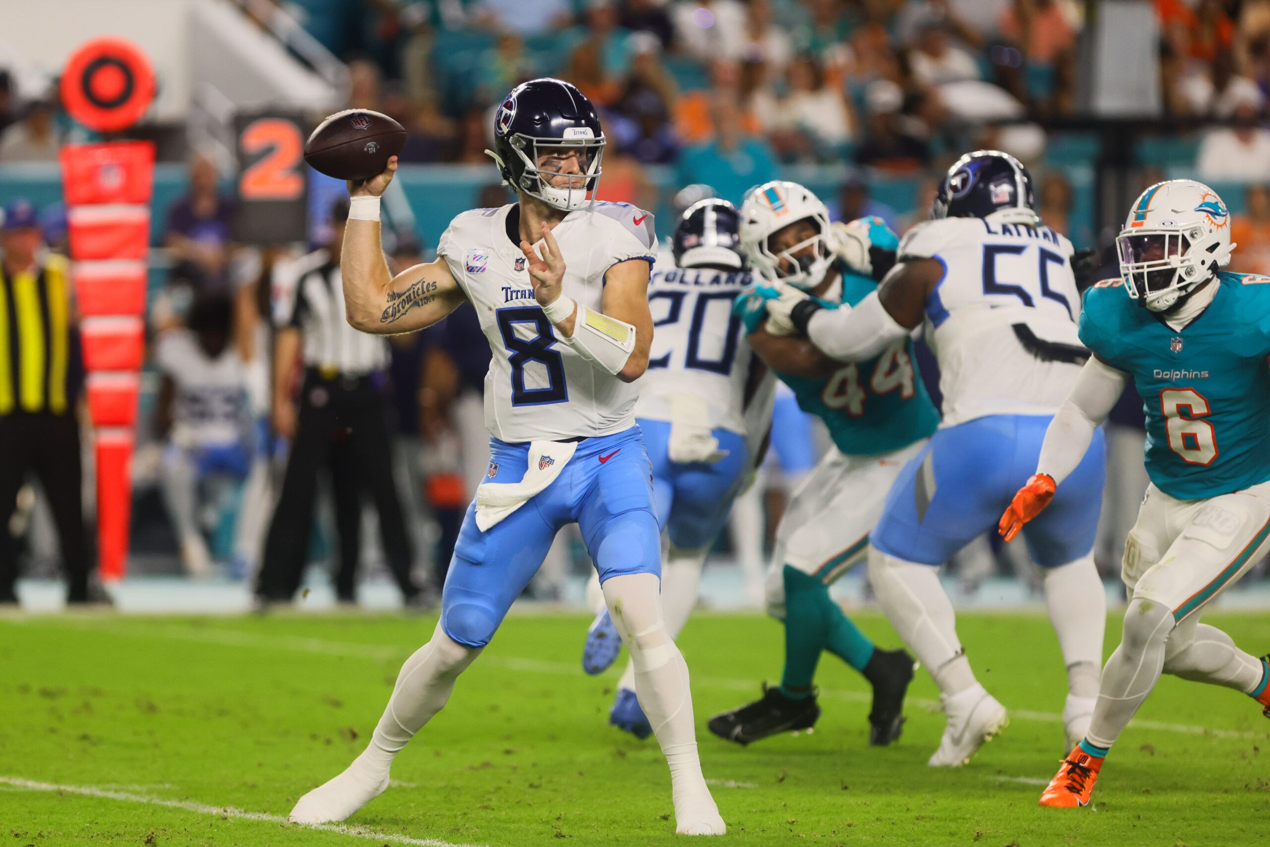 Sep 30, 2024; Miami Gardens, Florida, USA; Tennessee Titans quarterback Will Levis (8) throws the football against the Miami Dolphins during the first quarter at Hard Rock Stadium. Mandatory Credit: Sam Navarro-Imagn Images