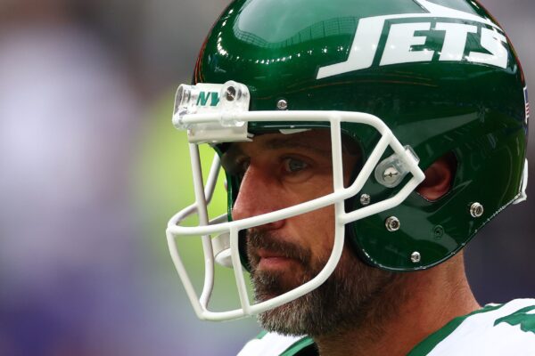 Oct 6, 2024; Tottenham, ENG; New York Jets Quarterback Aaron Rodgers (8) during a practice session before the match against Minnesota Vikings at Tottenham Hotspur Stadium. Mandatory Credit: Shaun Brooks-Imagn Images