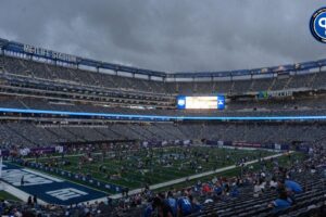 Rain clouds cover the sky during New York Giants Fan Fest at MetLife stadium in East Rutherford on Thursday, August 24, 2023.