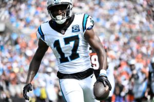 Sep 29, 2024; Charlotte, North Carolina, USA; Carolina Panthers wide receiver Xavier Legette (17) celebrates after scoring touchdown in the second quarter at Bank of America Stadium. Mandatory Credit: Bob Donnan-Imagn Images